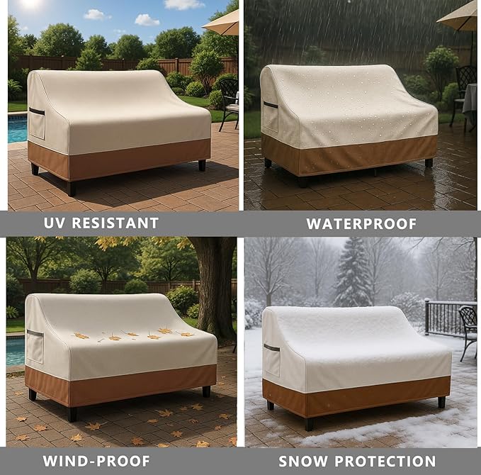 Waterproof Patio Loveseat Cover, 76W x 32.7D x 33H inches Heavy Duty 600D Weather-Resistant Outdoor Furniture Protector Beige and Brown - Image 7