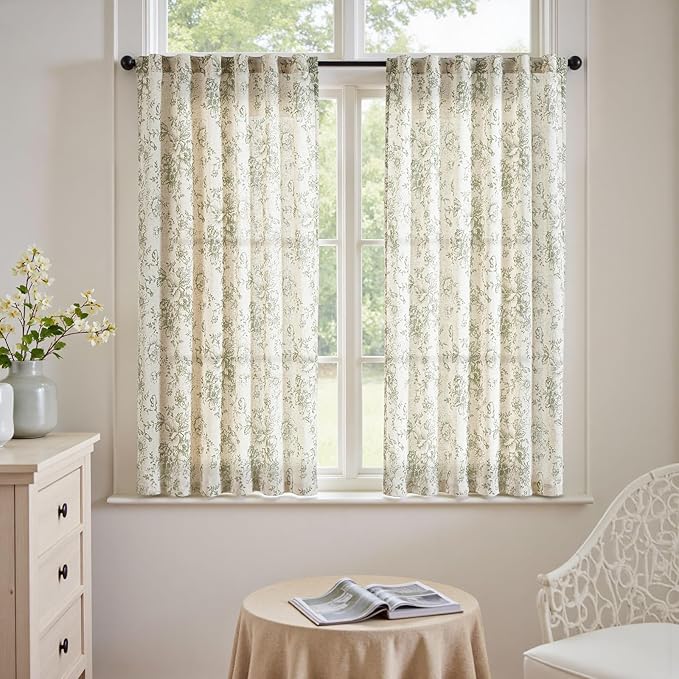 jinchan Linen Blend Floral Curtains for Living Room 54 Inch Length Farmhouse Printed Curtain Rod Pocket Back Tab Sage Green Peony Flower Patterned Drapes Bedroom Curtains Set 2 Panels by JINCHAN