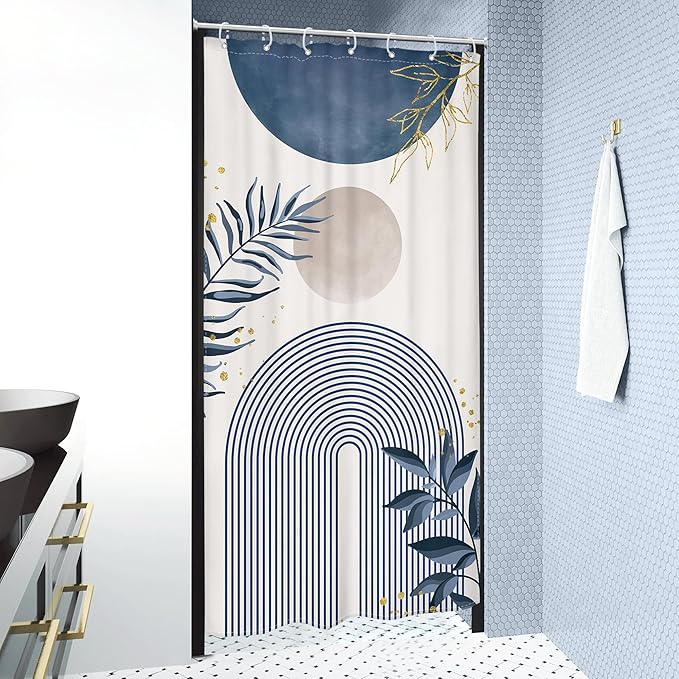 Small Stall Boho Shower Curtain 36Wx72H RV Blue Modern Mid Century Abstract Leaves Plant Minimalist Geometric Bathroom Decor Half Narrow Standing Bath Curtain Fabric Polyester 7 Pack Hook - Image 3
