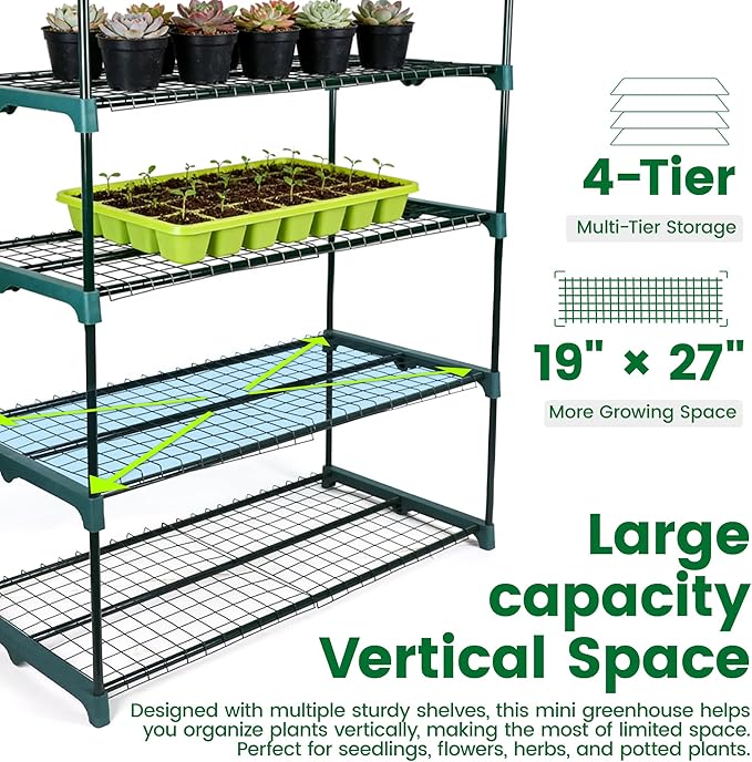 Worth Garden 4 Tier Mini Greenhouse - 63'' H x 27'' L x 19'' W - Sturdy Portable Gardening Shelves with PVC Cover - Small Green House Use in Indoor & Outdoor for Plants Flowers - Image 5
