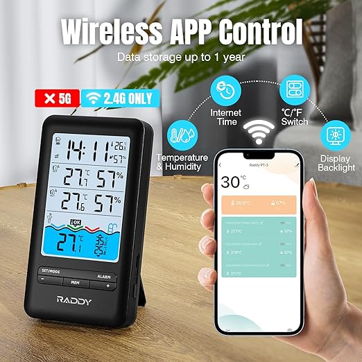 Raddy PT-3 Wi-Fi Pool Thermometer Floating Easy Read with 2 Additional Remote Sensors, APP Remote Monitor, Large Digital Display, Rechargeable, Wireless Hygrometer Thermometer for Indoor Outdoor - Image 2