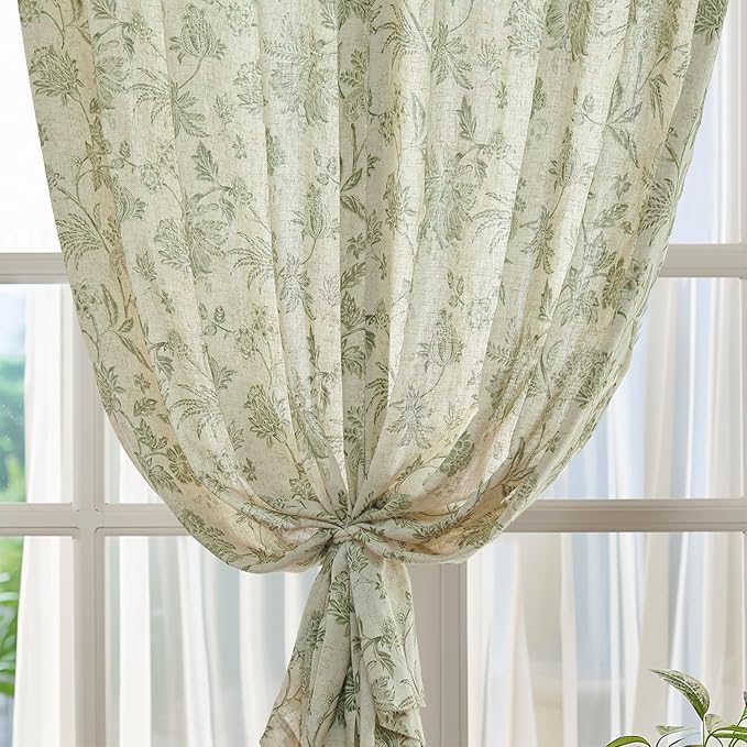 jinchan Linen Floral Curtains for Living Room with Printed Flower 96 Inches Long Light Filtering French Country Back Tab Rod Pocket Sage Green Window Curtain Set Farmhouse Drapes 2 Panels - Image 6