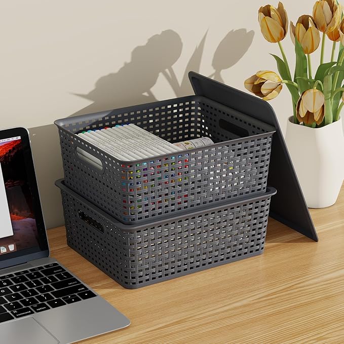 13 Quart Plastic Storage Baskets with Lid, Weave Organizing Bins, Gray, 6 Packs - Image 5