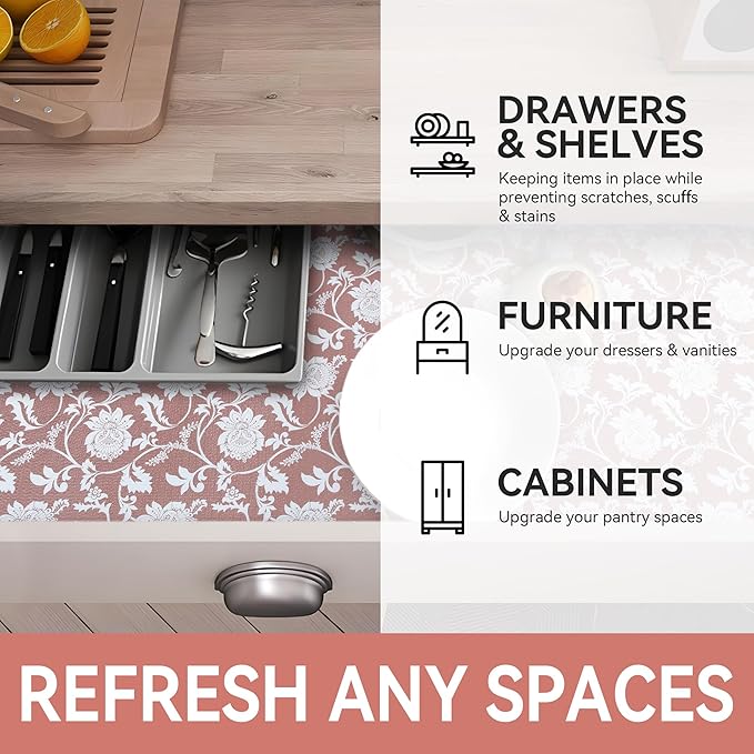 RAY STAR Shelf Liner, Non Adhesive Pink Floral Kitchen Cabinet Liner for Pantry Drawer Vanity, Strong Grip Non Slip, Shelf Liners for Kitchen Cabinets Cupboard 18 Inch x 8 FT (4 Rolls) - Image 6