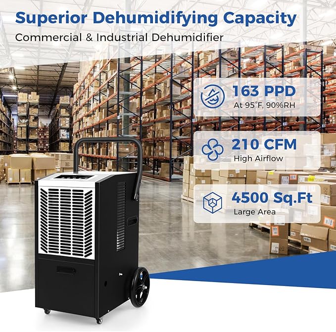 ARLIME 163 Pints Commercial Dehumidifier w/Pump & Drain Hose, Industrial Heavy Duty Portable Dehumidifier for Large Spaces, Basement, Warehouse, Water Damage Restoration, Up to 4500 Sq.Ft (White) - Image 2