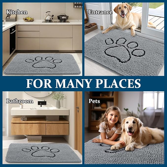 OLANLY Dog Door Mat for Muddy Paws 36x24, Paw Print Design, Absorbs Moisture and Dirt, Absorbent Non-Slip Washable Doormat, Quick Dry Chenille Mud Mat for Dogs, Entry Indoor Entryway Carpet, Grey - Image 8