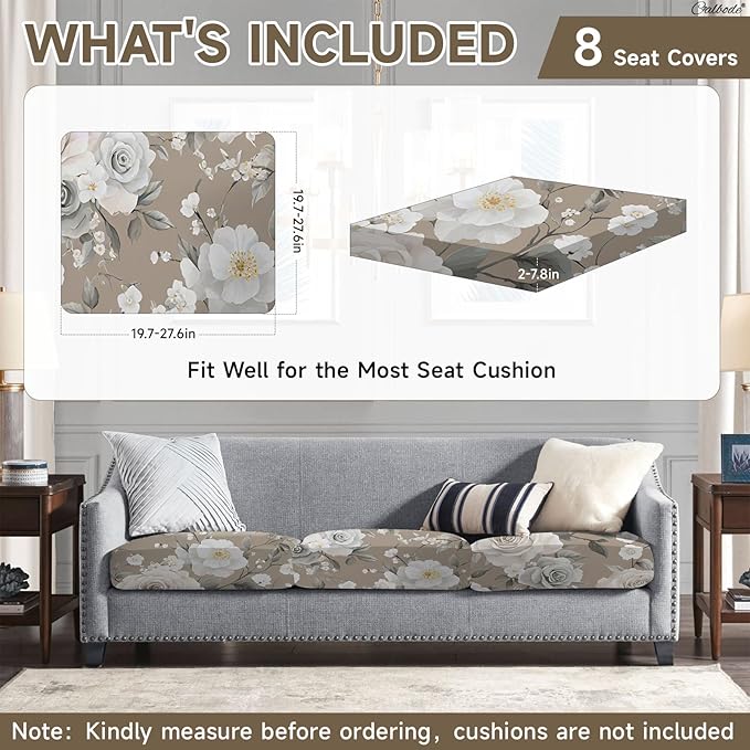 8Pcs Stretch Patio Cushion Cover, Vintage Floral Printed Couch & Sofa Slipcovers for Patio Furniture Cushions Washable Reusable Couch Covers Replacement for All-Season (Cover Only) - Image 2
