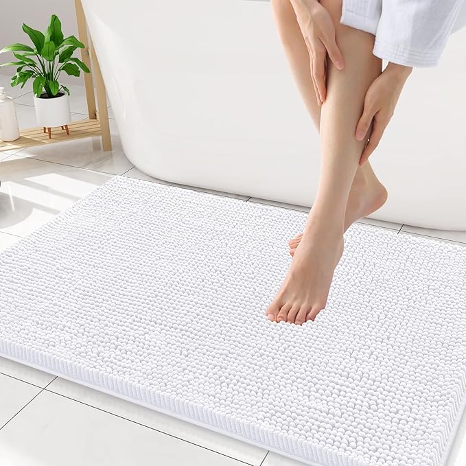 Smiry Luxury Chenille Bathroom Rugs 34x21, Extra Soft and Absorbent Shaggy Bath Mat, Machine Washable, Non-Slip Plush Carpet Runner for Tub, Shower, and Floor, Home Decor Accessories, White by Smiry
