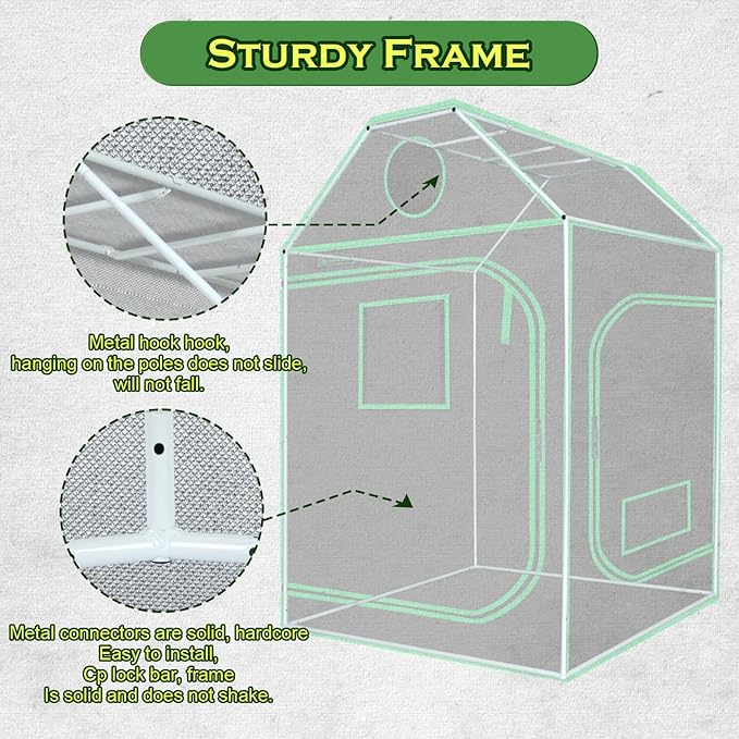 5x5 Growing Tent, 60"x60"x72" Roof Cube Grow Tent Plant Grow Tent, Indoor Growing Tent with Observation Windows, Lightproof Roof Cube Tent with Floor Tray, Mylar Hydroponic Tent - Image 7
