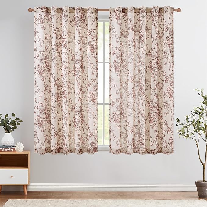 jinchan Linen Blend Curtain Floral Curtains for Living Room 63 Inch Length Farmhouse Brick Red Printed Curtain Rod Pocket Back Tab Peony Flower Patterned Drapes Curtains Set 2 Panels by JINCHAN