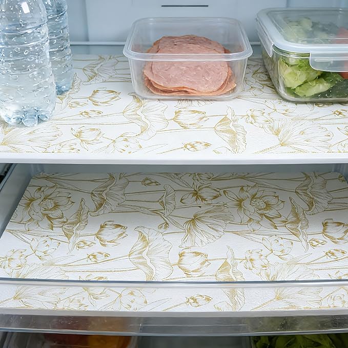 Shelf Liners Non Adhesive Light Base Gold Lotus Pattern - Thickened Non-Slip Easy to Clean Drawer Liner for Kitchen Cabinets, Tool Box, Refrigerator, with Knife & Tape Measure, 17in x 20FT - Image 9