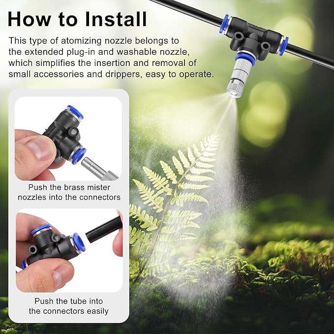 Mornajina 20 Pcs Brass Misting Nozzles Mister Replacement Nozzles with Filter Mesh & 1/4" Water Misting Nozzle Tees Kit, 0.012"/0.3mm Orifice Misting System Heads Sprayer for Outdoor Cooling System, - Image 6