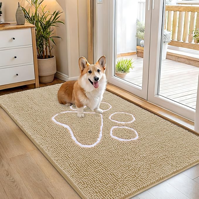 OLANLY Dog Door Mat for Muddy Paws 54x32, Paw Print Design, Absorbs Moisture and Dirt, Absorbent Non-Slip Washable Doormat, Quick Dry Chenille Mud Mat for Dogs, Entry Indoor Entryway Carpet, Beige by OLANLY