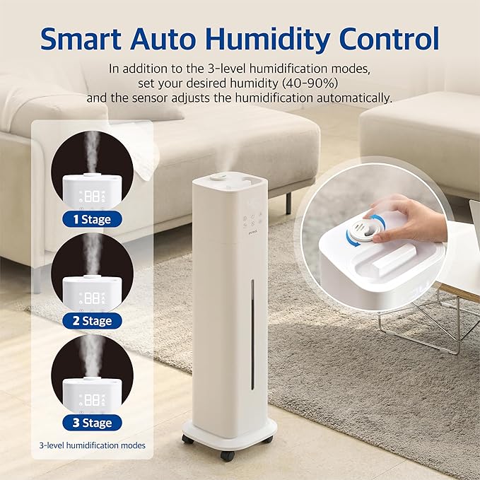 Pureal 10L Tower Humidifier, 83H Runtime, Warm & Cool Mist, Large Room, Top-Fill Tank On Wheels, Auto Mode, 12H Timer, Remote Control, Mood Light, White - Image 5