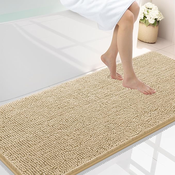 Smiry Luxury Chenille Bathroom Rugs 59x24, Extra Soft and Absorbent Shaggy Bath Mat, Machine Washable, Non-Slip Plush Carpet Runner for Tub, Shower, and Floor, Home Decor Accessories, Beige by Smiry