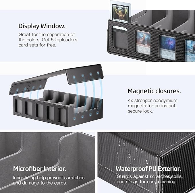 Trading Card Storage Box 5-Row 3900+ Capacity,TCG MTG Card Case with Magnetic Lid & Commander Display,Top Loader Storage for Sports Cards,Includes Dividers Dice Box - Image 4