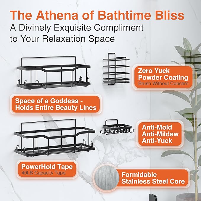 Shower Caddy Bathroom Shelves, The Athena Silken 4 Set, 40LB Capacity, Adhesive Tape No Drill - Rustproof -Gorgeous Powder Coated 304 Stainless Steel Shower Organizer for kitchen & Home Decor - Black - Image 8