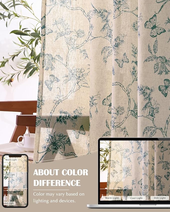 jinchan Floral Linen Curtains for Living Room 84 Inch Length Butterfly Curtain Blue Floral Curtains French Country Farmhouse Curtain Flower Patterned Drapes Window Treatment Set 2 Panels - Image 7