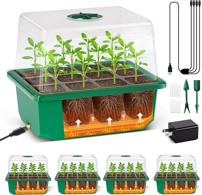YAUNGEL 4 Pack Seed Starter Tray with Self-Heating, Seed Starter Kit with High Humidity Control Domes, Seedling Starter Trays for Indoor Gardening Plant, Green by YAUNGEL