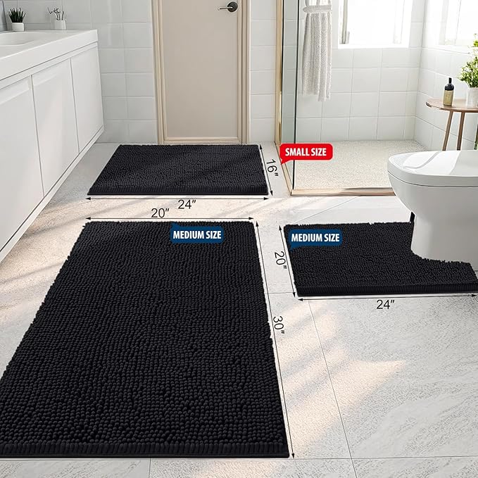 Smiry Luxury Chenille Bathroom Rugs 50x30, Extra Soft and Absorbent Shaggy Bath Mat, Machine Washable, Non-Slip Plush Carpet Runner for Tub, Shower, and Floor, Home Decor Accessories, Black - Image 2