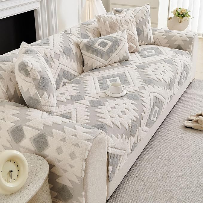 Boho Plush Couch Covers for Sofa Washable, Fuzzy Soft Couch Cover for Sectional Sofa, Non Slip Jacquard Sofa Cover Furniture Protector for Kids, Pets (Light Grey,43"x94") - Image 4
