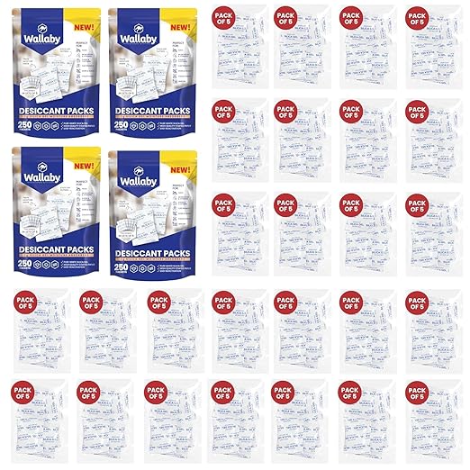 Wallaby 2 gram (1,000 Packets) Food Safe Pure White Silica Gel Desiccant Dehumidifier Packs - Rechargeable & Coated Moisture Absorbers - Protects Against Moisture Damage - (Packed in 200x Sets of 5) by WallabyGoods