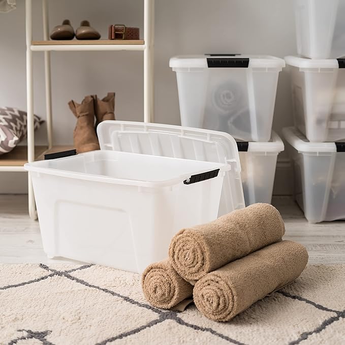 IRIS USA 32 Qt Stackable Plastic Storage Bins with Lids, 4 Pack - BPA-Free, Made in USA - Discreet Organizing Solution, Latches, Durable Nestable Containers, Secure Pull Handle - Pearl - Image 5