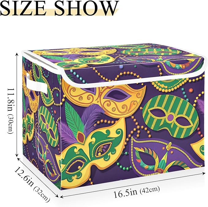 xigua Mardi Gras Mask Storage Bins with Lids and Carrying Handle,Foldable Storage Boxes Organizer Containers Baskets Cube with Cover for Home Bedroom Closet Office - Image 3
