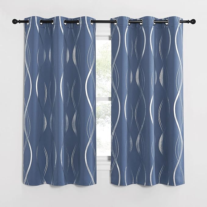 NICETOWN Bedroom Curtains Small Blackout Panels, Window Treatment Thermal Insulated Solid Grommet Blackout Wave Line Foil Print Design Curtains for Car Window (Stone Blue, Set of 2, 42 by 63 Inch) - Image 2