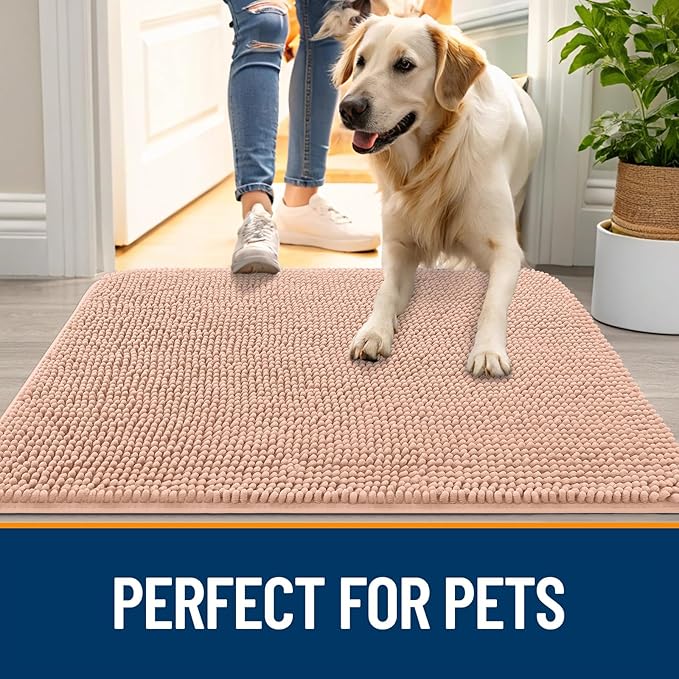 OLANLY Dog Door Mat for Muddy Paws 47x32, Absorbs Moisture and Dirt, Absorbent Non-Slip Washable Doormat, Quick Dry Chenille Mud Mat for Dogs, Entry Indoor Entryway Carpet for Inside Floor, Peach - Image 6