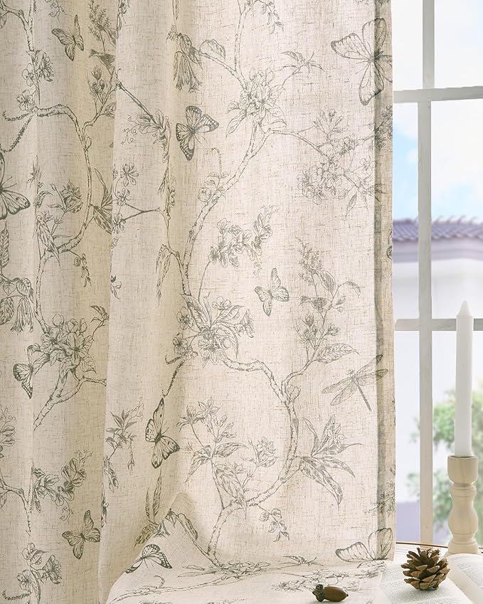 jinchan Floral Linen Curtains for Living Room 84 Inch Length Butterfly Curtain Grey Floral Curtains French Country Farmhouse Curtain Gray Flower PatternedDrapes Window Treatment Set 2 Panels - Image 9