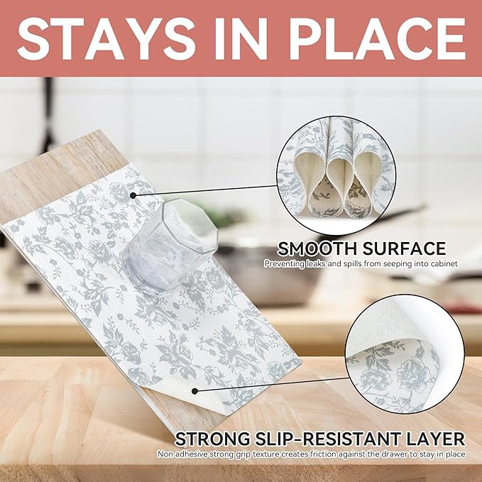 RAY STAR Shelf Liner, Non Adhesive Silver Floral Kitchen Cabinet Liner for Pantry Drawer Vanity, Strong Grip Non Slip Waterproof, Shelf Liners for Kitchen Cabinets Cupboard 12 Inch x 10 FT (3 Rolls) - Image 3