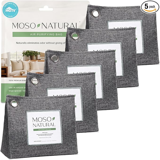 Moso Natural Air Purifying Bag 600g (21oz) Premium Bamboo Charcoal Odor Absorber | Room Deodorizer for Large Spaces, Bedroom, Kitchen, Basement | Pet Odor Eliminator for Home | Unscented (5 Pack) by MosoNatural