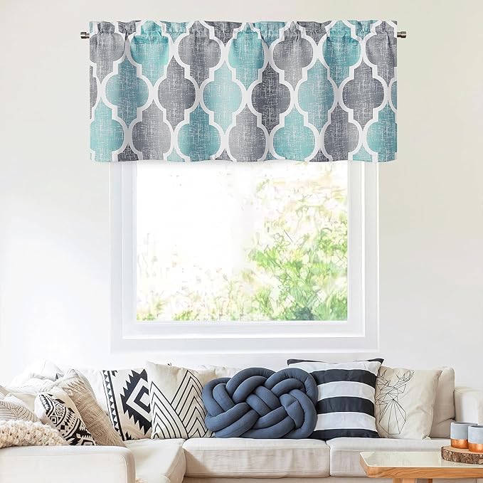 Beauoop Blackout Window Valances Curtains Geometric Quatrefoil Trellis Printed Room Darkening Thermal Insulated Rod Pocket Short Valance Curtains Cafe Bathroom, Spa/Gray, 50" W x 18" L, 1 Panel - Image 2