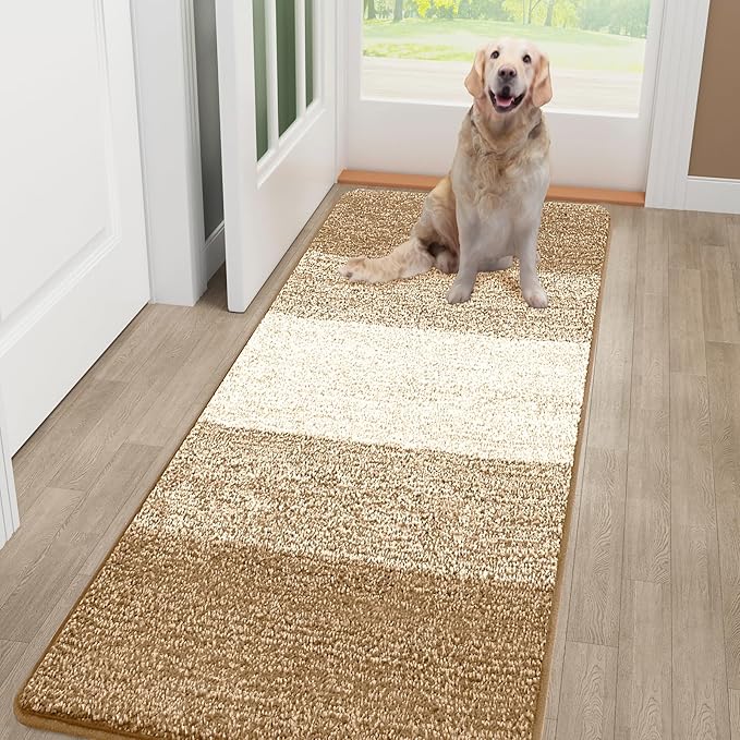Smiry Dog Door Mat for Muddy Paws, Absorbs Moisture and Dirt, Low-Profile Entryway Mat with Non-Slip Backing, Entry Indoor Outdoor Doormat for Inside Floor (48x32 Inches, Camel, Striped) by Smiry
