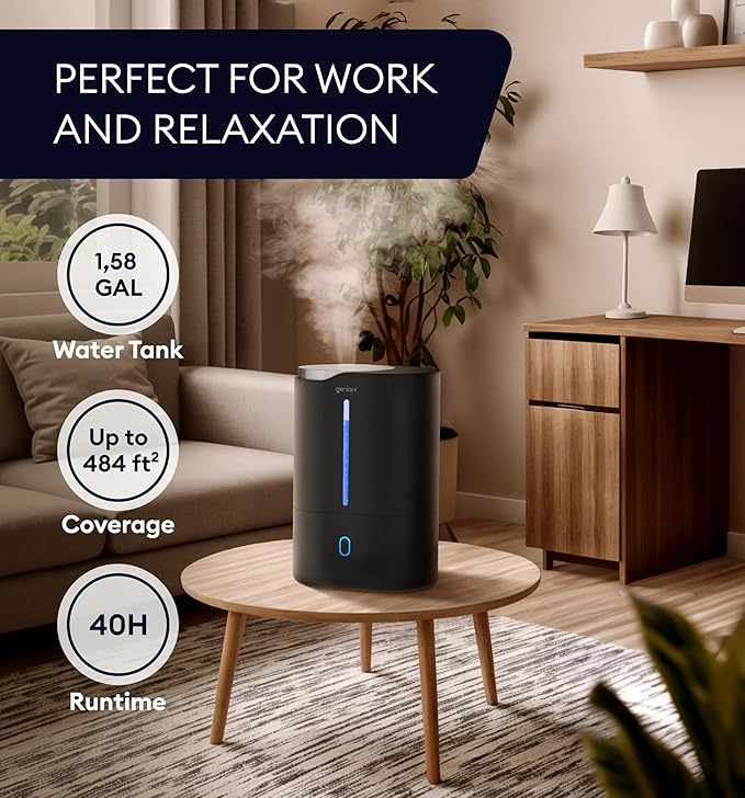 Top Fill Humidifier with Essential Oil Diffuser 6L for Home, Baby, Bedroom, Large Room & Indoor Plants, Cool Mist Ultrasonic Quiet Air Humidifiers, Automatic Humidity Control, Night Light (6L, Black) - Image 2