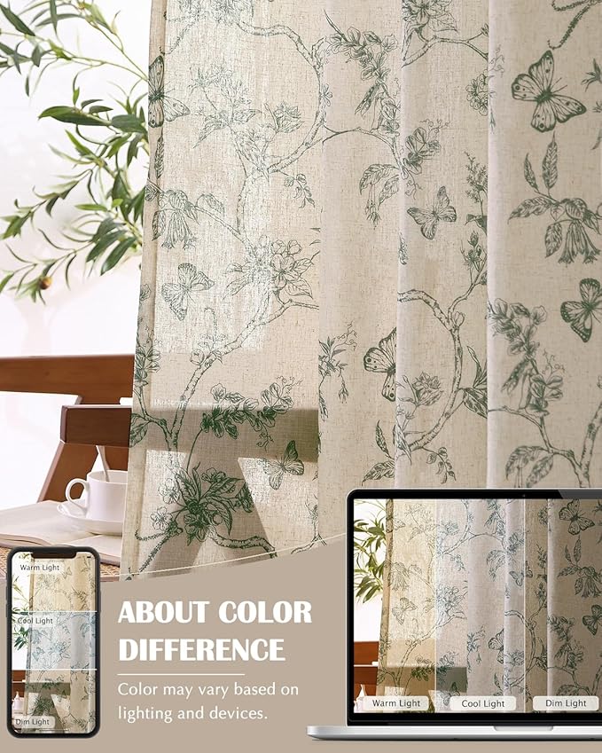 jinchan Floral Linen Curtains for Living Room 84 Inch Length Butterfly Curtain Grey Floral Curtains French Country Farmhouse Curtain Gray Flower PatternedDrapes Window Treatment Set 2 Panels - Image 7