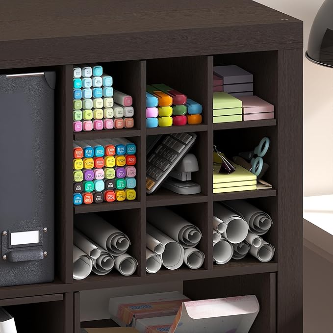 Furinno Cubicle Cube Insert, 9-Compartment Cube Organizer, Geometric Shelf Accessory, Fits into Furinno Triple Thick Cubes, IKEA Kallax, for Organizers and Storage, Black Dark Oak - Image 4