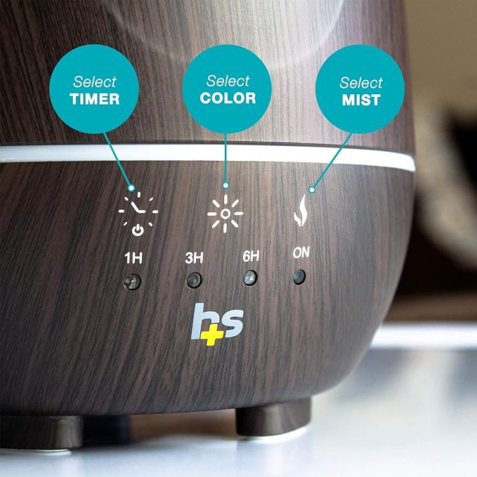 HealthSmart Essential Oil Diffuser, Cool Mist Humidifier and Aromatherapy Diffuser with 500ML Tank Ideal for Large Rooms, Adjustable Timer, Mist Mode and 7 LED Light Colors, Brown - Image 7