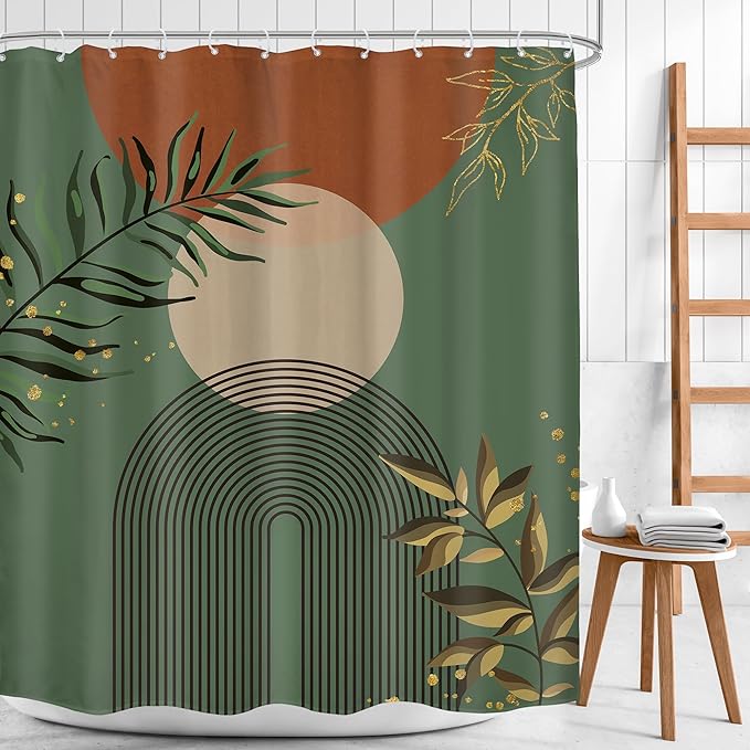 Boho Dark Green Shower Curtain 60Wx72H Abstract Bohemian Mid Century Minimalist Teal Gold Leaf Arch Geometric Plant Neutral Bathroom Decor Botany Bath Curtain Fabric Polyester 12 Pack Hooks - Image 2