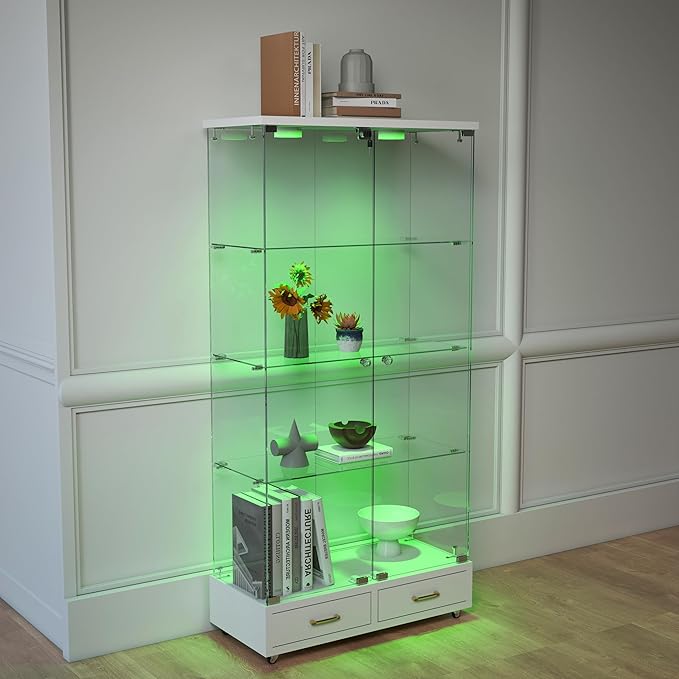 Yoluckea 4-Tier Glass Display Cabinet with LED Lighting and 2 Drawers, 2-Door Floor Standing Curio Cabinet with Wheel for Home, Office, Corner Display, White Glass Bookshelf for Collections and Decor by Yoluckea