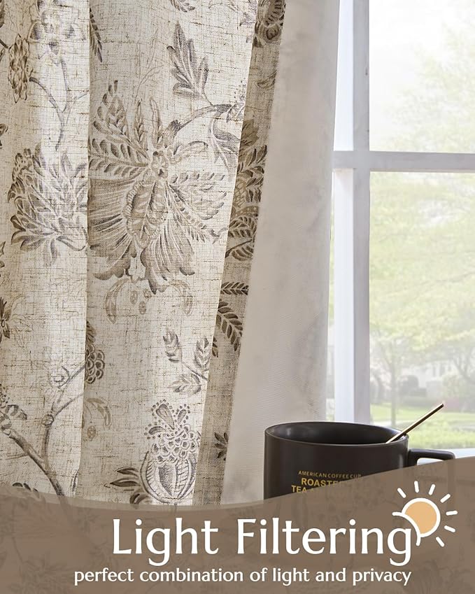 jinchan Lined Linen Floral Curtains for Living Room, 96 Inch Length Printed Flower Farmhouse Patterned French Country Back Tab Taupe Window Drapes Set Privacy Bedroom Curtains, 2 Panels - Image 3
