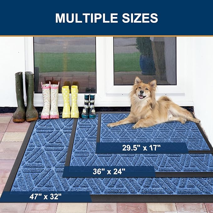 Smiry Front Door Mat Outside Entrance, Heavy Duty Sturdy Natural Rubber Doormat, Trap Dirt and Moisture, Easy Clean Low Profile Mats for Indoor Outdoor Entry, Grid Geometric (35x23, Blue) - Image 2