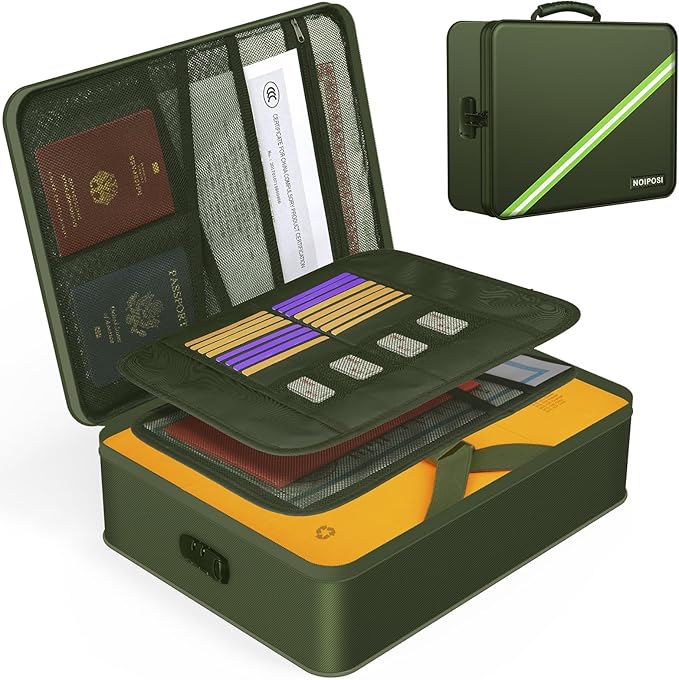 Noiposi Document Organizer with 5200℉ Heat Insulated,Waterproof and Fireproof Document Box,Portable Home Travel Safe Storage Box for Important Documents,File and Birth Certificate，Green by Noiposi