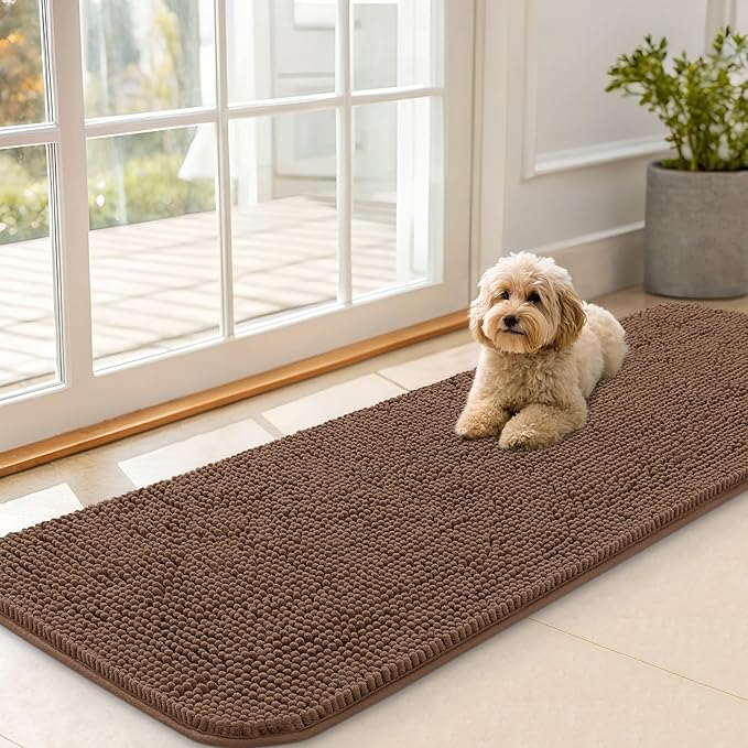 OLANLY Dog Door Mat for Muddy Paws 59x20, Absorbs Moisture and Dirt, Absorbent Non-Slip Washable Doormat, Quick Dry Chenille Mud Mat for Dogs, Entry Indoor Entryway Carpet for Inside Floor, Mocha by OLANLY