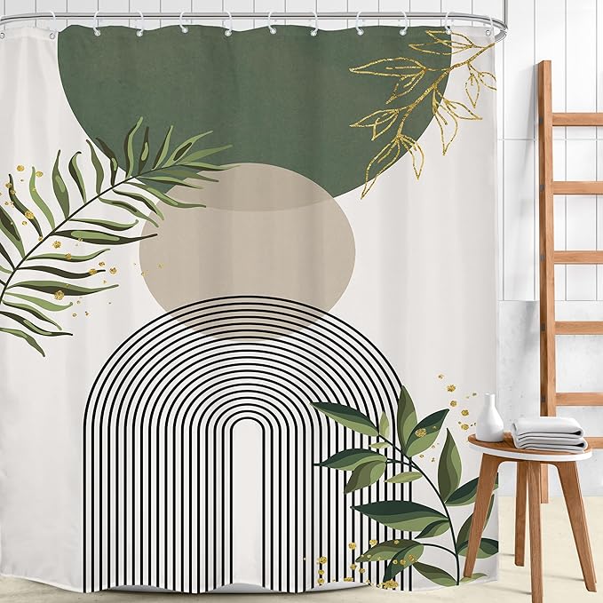 Green Boho Shower Curtain 72Wx96H Extra Long Mid Century Modern Abstract Green Gold Minimalist Leaves Sun Arch Bathroom Decor Geometric Plant Bath Curtain Fabric Polyester 12 Pack Hooks - Image 2