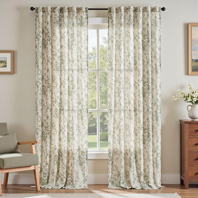jinchan Linen Blend Floral Curtains for Living Room 96 Inch Length Farmhouse Printed Curtain Rod Pocket Back Tab Sage Green Peony Flower Patterned Drapes Bedroom Curtains Set 2 Panels by JINCHAN