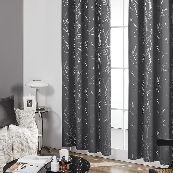 Deconovo Blackout Curtains Grey, Thermal Insulated Soundproof Drapes, Silver Branch Foil Print, 42 x 54 Inch, 2 Panels, Machine‑Washable Privacy Window Panel for Living Room Bedroom Small Windows - Image 5