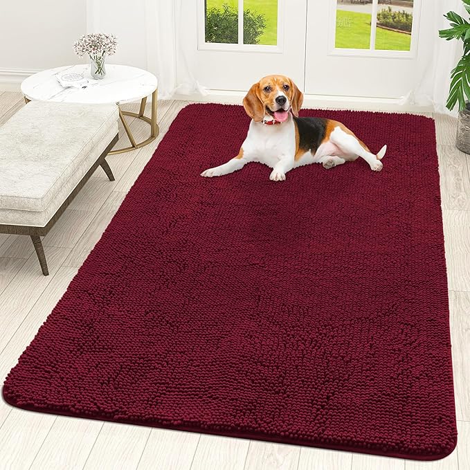 OLANLY Dog Door Mat for Muddy Paws 59x35, Absorbs Moisture and Dirt, Absorbent Non-Slip Washable Doormat, Quick Dry Chenille Mud Mat for Dogs, Entry Indoor Entryway Carpet for Inside Floor, Burgundy by OLANLY