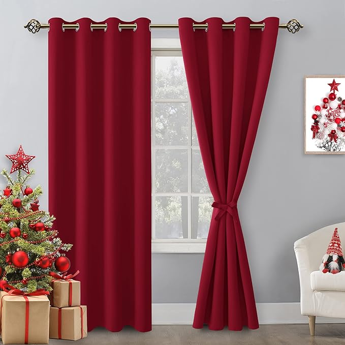 Hiasan Blackout Curtains for Bedroom, 52 x 84 Inches Long - Thermal Insulated & Light Blocking Window Curtains for Living Room, 2 Drape Panels Sewn with Tiebacks, Christmas Red - Image 2